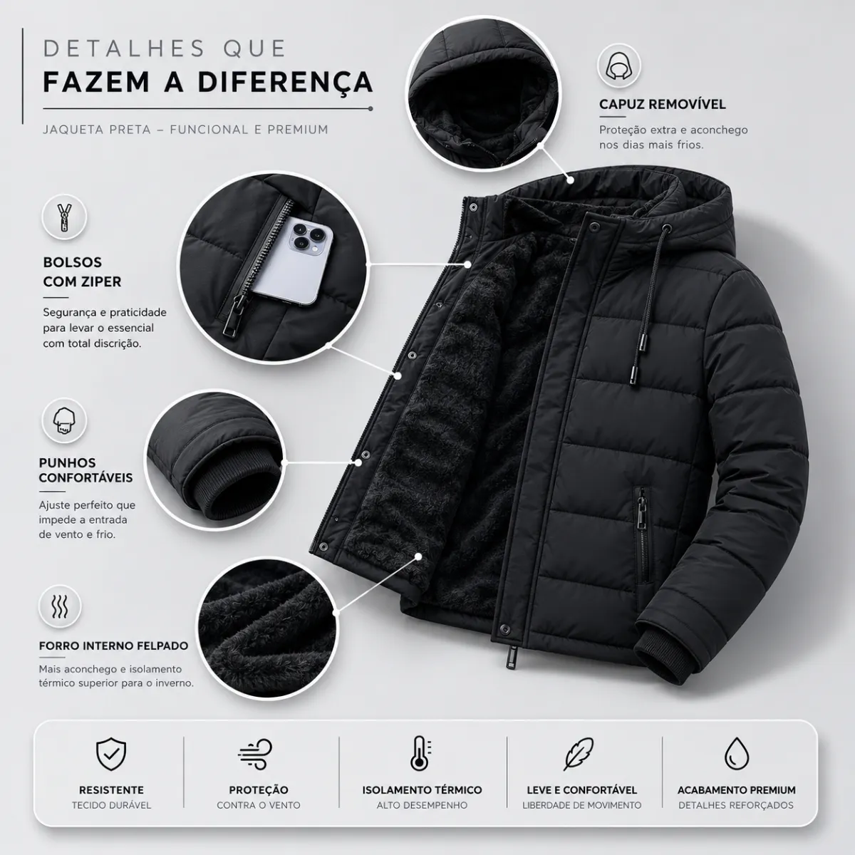 Detalhes da jaqueta — bolsos com zíper e forro felpudo