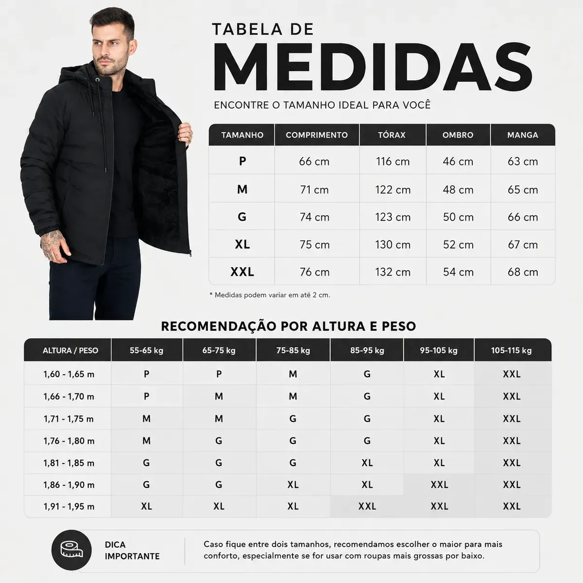 Tabela de medidas da jaqueta